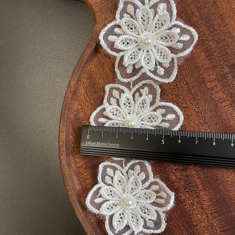 Buysk 3 Yards Flower Lace Trim Pearl Beads Floral Embroidered Lace Trim Fabric Floral Appliques Lace Ribbon Handmade DIY Sewing Supplies Craft for Costume Hat Decoration (Blossom) - Image 3